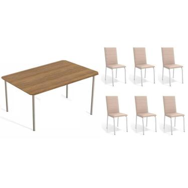 Imagem de Conjunto: Mesa Sala Jantar Sena C- Tampo De Madeira 1.60cm + 6 Cadeiras Amsterdã Niquel-corano Bege - Kappesberg