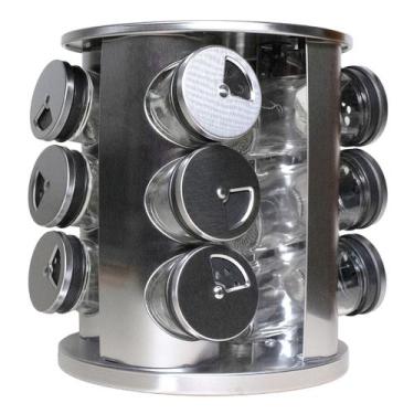 Imagem de Porta Tempero Condimentos Giratório Inox com 12 Potes Vidro - BrinqLar