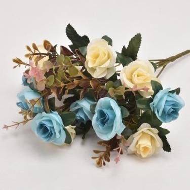 Imagem de Flores artificiais - flor de seda com hastes rosas azuis arranjos florais falsos para casa de banho escritório mesa centro de mesa prateleira decoração de casamento