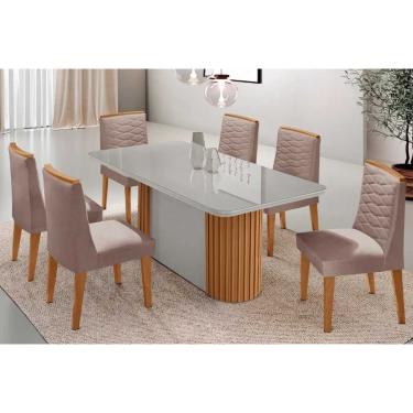 Imagem de Sala Jantar Mesa Pilar Curvo 180cm + 6 Cadeiras Maldivas Madeira Naturale/Off White - Capuccino/Linho Capuccino - Rufato