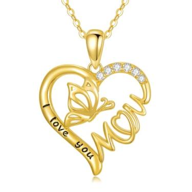 Imagem de KECHO Colar de ouro maciço 14 k para mãe e coração com pingente de borboleta, presente de aniversário de dia das mães de filha e filho