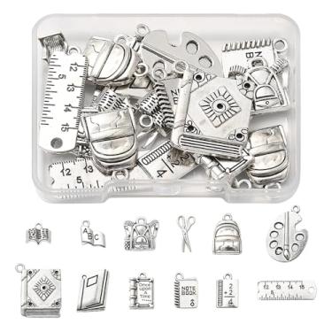 Imagem de MakemadeDIY Pingentes sortidos de 36 peças de pingentes de volta às aulas para fazer joias estilo tibetano livro régua mochila escolar liga metal pulseiras colares brincos pingentes