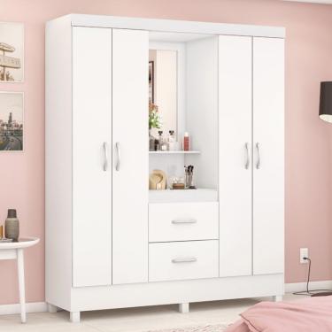 Imagem de Guarda Roupa Solteiro 4 Portas Com Espelho E 2 Gavetas Loanda Branco-rosa-branco Branco