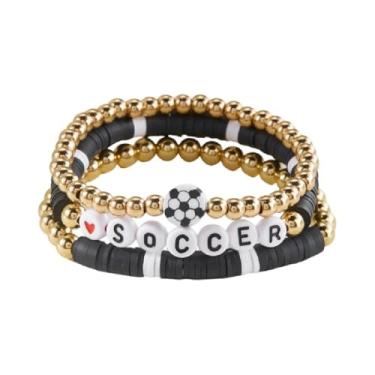 Imagem de 3 peças de pulseiras esportivas delicadas com contas de argila de polímero feitas à mão com contas douradas, bola esportiva, elástica, joia esportiva, presente para mulheres e homens, adjustable, Sem