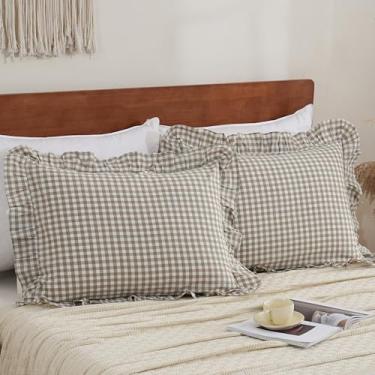 Imagem de YHJWW Capas de almofada com babados verde guingão, 100% algodão lavado, como linho, macio, confortável, tamanho padrão, xadrez, fofo, conjunto de 2 fronhas (50 x 66 cm, fecho de envelope)