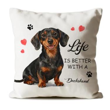 Imagem de CosxHabitat Capas de almofada Dachshund, presentes para amantes de cães Wiener para mulheres, mãe de cachorro, Life is Better com almofada de cachorro, 45 x 45 cm