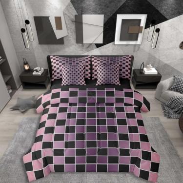 Imagem de Erosebridal Jogo de cama queen quadriculado geométrico xadrez em uma bolsa, 7 peças, rosa e roxo, conjunto de cama quadriculado para crianças e adultos, cinza degradê