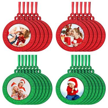 Imagem de Jetec 20 peças de enfeite de bola de Natal de feltro para moldura de fotos de Natal com glitter, mini moldura para pendurar para fotos de Natal para decoração de meias de árvore de Natal, presentes