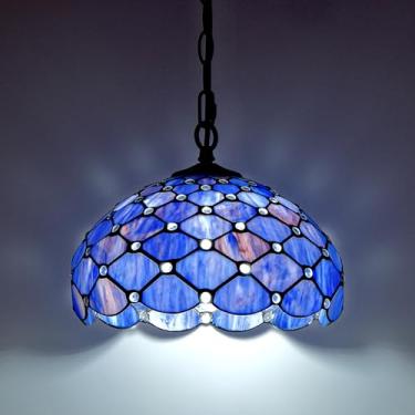 Imagem de GILGGAK Luminária pendente de vitral estilo Tiffany, plugue, 30,5 cm de largura, lâmpada pendurada com design perolado, corrente de 15 pés, cordão de 30,5 cm, sala de jantar, quarto, cozinha