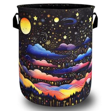 Imagem de Cesto de lavanderia com céu noturno, galáxia, lua, pano Oxford, nuvens coloridas, estrelas, cesto de roupa com alça, cesta de armazenamento portátil, saco de lavanderia dobrável, 48 cm x 42 cm, para