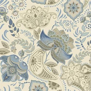 Imagem de MuralPeel Papel de parede bege cinza azul Paisley flores descascar e colar autoadesivo removível fácil de remover no papel de parede para locatário de armário de quarto