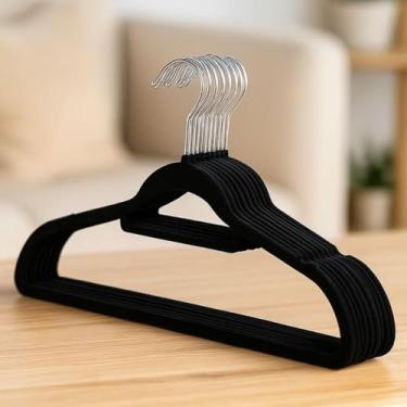 Imagem de Kit 10 Cabides Slim Veludo Preto, Design Ultrafino com Gancho, Revestimento em Veludo Premium para Roupas