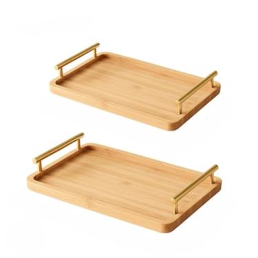 Imagem de Bandeja Bambu Alça de Metal Kit com 2-30x20 e 35x25 Multiuso Decoração Porta Copos Chá Petisqueira (02un - 30x20cm e 35x25cm)