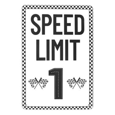Imagem de Placa de Limite Velocidade 1, 30x20cm Arte de Parede Vintage em Metal Festa Aniversário com Tema Carros Corrida Bandeiras Quadriculadas Ideal para Quarto Meninos Espaço Masculino e Adolescentes