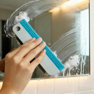 Imagem de 1 rodo de bancada, ferramenta de limpeza de vidro de banheiro, rodo de silicone doméstico, remoção de manchas de banheiro, limpeza de janelas. (azul)