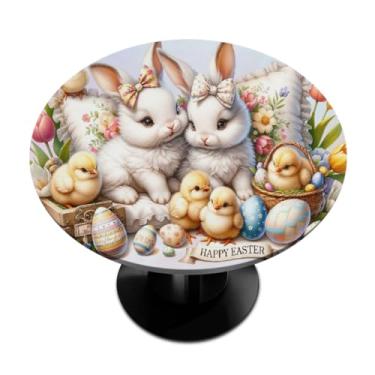 Imagem de hongjinglin Toalha de mesa redonda com borda elástica de Páscoa, toalha de mesa redonda limpável para ambientes internos e externos, pátio, jantar, cozinha, festival, decoração para mesas de 101 a 111