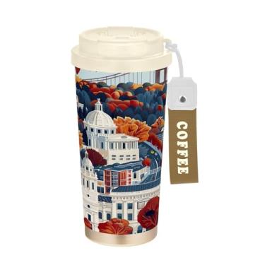 Imagem de SEHANY American Famous Landmarks Caneca de viagem de 482 g Copos de café reutilizáveis revestidos de cerâmica com tampa à prova de vazamento, parede dupla, isolamento a vácuo, copo de café de aço