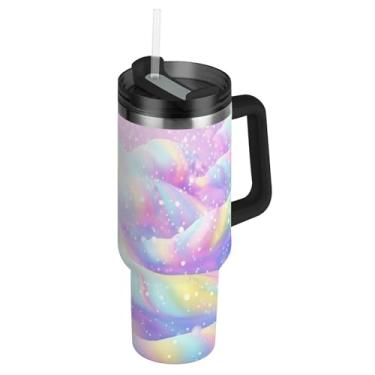 Imagem de Blueangle Copo de sorvete arco-íris de 850 g com alça e tampa de palha, caneca de viagem de aço inoxidável isolada a vácuo de parede dupla, garrafa de água reutilizável para academia de escritório ao