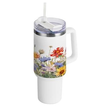 Imagem de xigua Copo vintage de flores silvestres de 1,134 g com alça e canudo, aço inoxidável duplo isolado a vácuo garrafa de água suporte de copo de garrafa de água amigável à prova de vazamento copo de
