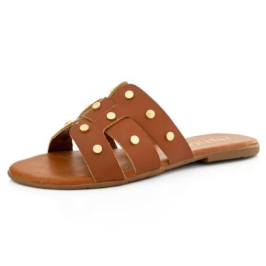 Imagem de Sandalia Feminina Rasteirinha Flatform Rasteira Flat Enfeite Metal Brilho Metalizado (Caramelo, BR, Adulto, Numérico, 35)