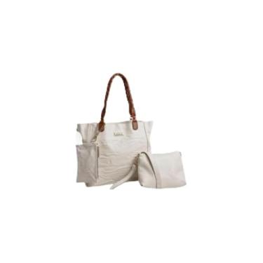 Imagem de Kit 3 Peças Bolsa Feminina Estilo Tote, Couro Sintético, Branca Com Alça Caramelo, 30x43x11cm, Inclui Bolsa Grande, Bolsa Média Transversal, Necessaire