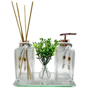 Imagem de Kit Frascos de Vidro Para Lavabo Luxo Cristal 250ml com Difusor, Saboneteira, Bandeja Espelhada, Vaso com Folhagem e Varetas(ROSE)