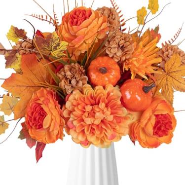 Imagem de GYWJJ Flores artificiais de outono buquê de flores falsas com folhas de bordo de abóbora laranja peônias arranjo de flores de outono para casa cozinha lareira mesa centro de mesa decoração de festival