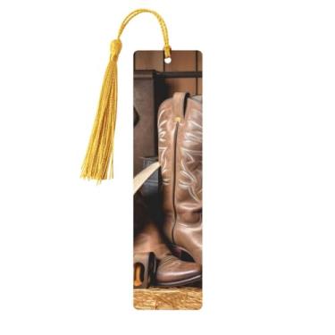 Imagem de Chapéu preto de caubói botas ocidentais estampadas marcadores de página de madeira personalizados, acessórios de livros exclusivos para homens e mulheres, atende a todas as necessidades dos amantes de