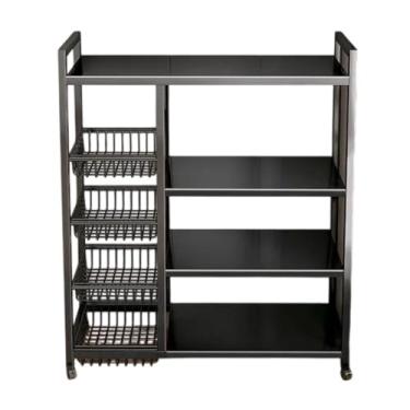 Imagem de Suporte de Micro-ondas com Fruteira de Chão, 4 Prateleiras e 4 Cestos, Aço Carbono, Preto Fosco, 80x32x125cm, com Rodízios