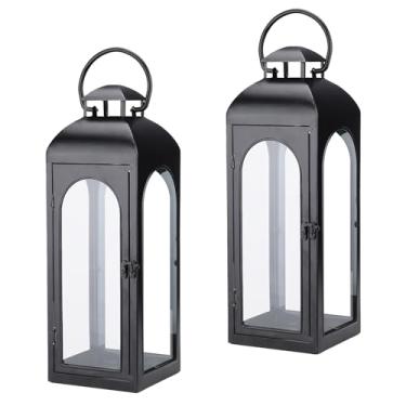 Imagem de Pacote com 2 lanternas decorativas modernas de metal preto de 40,6 cm com painéis de vidro transparente para varanda, mesa, manto, pendurar na parede ou jardim