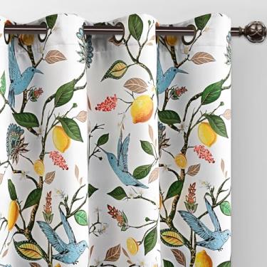 Imagem de FRAMICS Cortinas blackout 100% blackout para quarto cortinas florais para sala de estar 213 cm de comprimento, cortina branca estampada de luxo limão beija-flor cortinas com isolamento térmico, 2