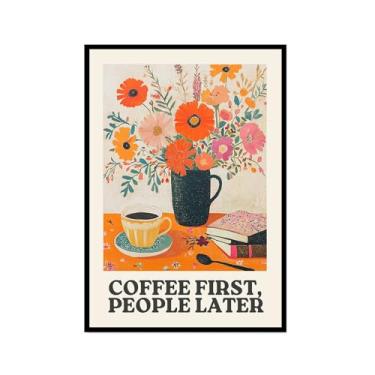 Imagem de Coffee First People Later Poster Retro Coffee Wall Art Trendy Flower Print Minimalista Vintage Floral Para Sala de Jantar Cozinha Decoração de Parede (SKU4,20.3x30.5 cm = (20 x 30 cm), Moldura preta)