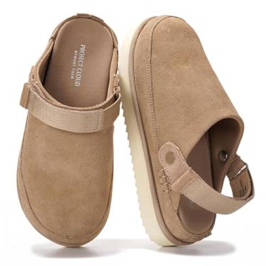 Imagem de Project Cloud Tamancos femininos de camurça genuína - Tamancos e mules femininos de espuma viscoelástica com alças ajustáveis - Sapatos plataforma leves antiderrapantes (Goldstar), Camurça de, 35