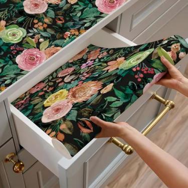 Imagem de Papel de parede aquarela rosas descascar e colar flores rosa à prova d'água floral decoração de parede de berçário (floral preto - 14,5 m²)