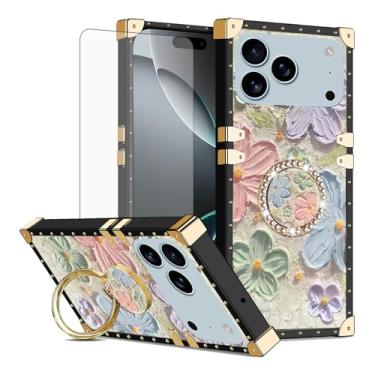 Imagem de Asuwish Capa de celular para iPhone 17 Pro de 6,3 polegadas com protetor de tela de vidro temperado e pintura flor anel protetor à prova de choque suporte rígido i Phone17 i17 17Pro mulheres meninas
