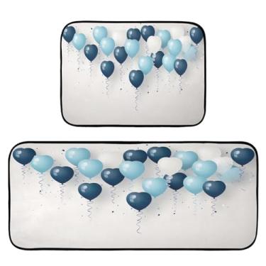 Imagem de Wassud Balões brancos azuis tapetes de cozinha para decoração de casa tapetes de cozinha acolchoados antifadiga tapetes de cozinha antiderrapante lavável essencial de cozinha conjunto de 2