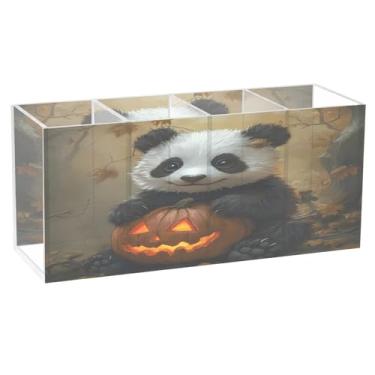 Imagem de CEBUGI Porta-lápis de acrílico transparente com 4 compartimentos, organizador de pincéis de maquiagem de panda do Dia das Bruxas para armazenamento em mesa de escritório em casa