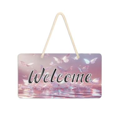 Imagem de Burbuja Placa de boas-vindas de borboletas rosa para porta da frente, placa de boas-vindas de PVC para decoração de férias de casa de fazenda, 15 x 28 cm
