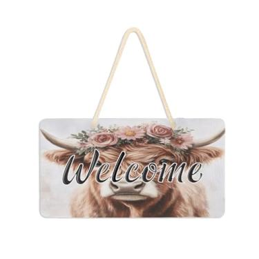 Imagem de Burbuja Placa de boas-vindas de vaca Highland para porta da frente, placa de boas-vindas de PVC para decoração de férias, 15 x 28 cm