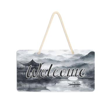 Imagem de Burbuja Placa de boas-vindas de paisagem de pintura de tinta chinesa para porta da frente, placa de boas-vindas de PVC para pendurar na parede, decoração de férias, 15 x 28 cm
