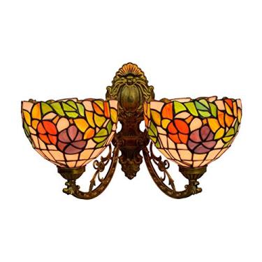 Imagem de Arandela de parede estilo Tiffany Morning Glory, com vitral floral campestre, 2 braços, ideal para quarto, sala de estar, corredor e varanda, 20 cm (8 polegadas).