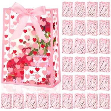 Imagem de Hillban Pacote com 30 sacos de presente de coração dos namorados com alças 26 x 18 x 8 cm, sacos de plástico para doces com laços de fita para embrulhar presentes, casamentos, aniversários, formaturas