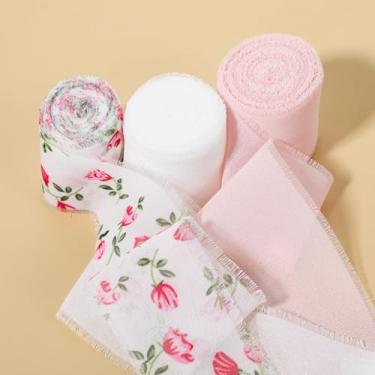 Imagem de Fita de chiffon de 3 rolos, 15 metros de cor sólida e fita floral de 3,8 cm x 5,8 m, fitas brancas e rosa artesanais com franjas desgastadas para buquês de noiva, convites de casamento, artesanato