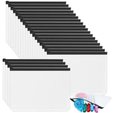 Imagem de Zonon 30 peças, fichário de 3/6 anéis, bolsos com zíper, 3/6 furos, pastas transparentes com zíper, à prova d'água, sacos de enchimento de folhas soltas de PVC (zíperes pretos, A5)