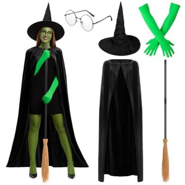 Imagem de Mepase 5 peças de acessórios de fantasia de bruxa verde de Halloween, incluindo capa preta, chapéu de bruxa, óculos e luvas de vassoura para mulheres, adultos, filmes de Halloween, cosplay, adereços
