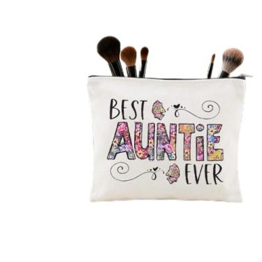 Imagem de Auntie Presentes de aniversário de Natal para mulheres, tia melhor tia de todos os tempos, bolsa de maquiagem fofa bolsa organizadora de viagem com zíper, bolsas de higiene pessoal para mulheres