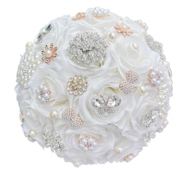 Imagem de Perfectlifeoh Buquê de noiva - Arranjo de flores de rosa de seda artificial de pérola de cristal para noiva (branco)