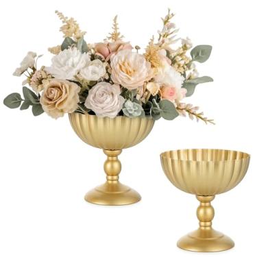Imagem de Sziqiqi Vaso de urna dourada para casamento: vasos de 20 cm de altura para decorações de mesa - Conjunto de 2 vasos de urna de flores de metal para arranjo floral - Vaso de compota para festa de