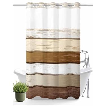 Imagem de Cortina de chuveiro sem gancho com forro de encaixe, cortina de banho vintage de grão de madeira impermeável com camada dupla com janela superior transparente, cortina de chuveiro sem gancho