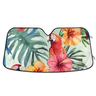 Imagem de Pára-brisas de carro com estampa floral de papagaio tropical toldo engraçado personalizado dobrável acessórios de carro para-brisa proteção de para-sol retrátil L, 144,8 cm x 80 cm